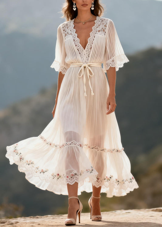 Fitted White V Neck Lace Floral Patchwork Chiffon Dress Summer