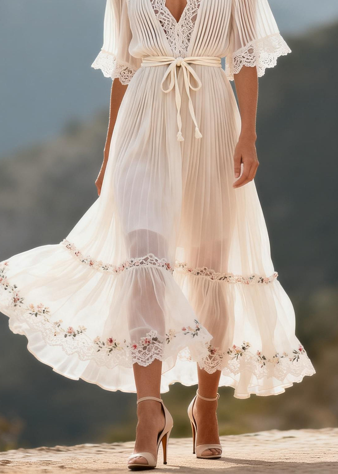 Fitted White V Neck Lace Floral Patchwork Chiffon Dress Summer