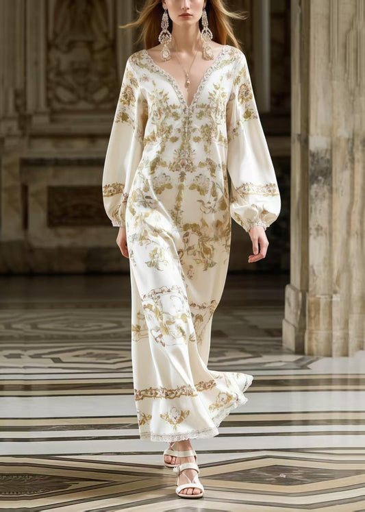 Fitted White V Neck Print Silk Ankle Dress Spring