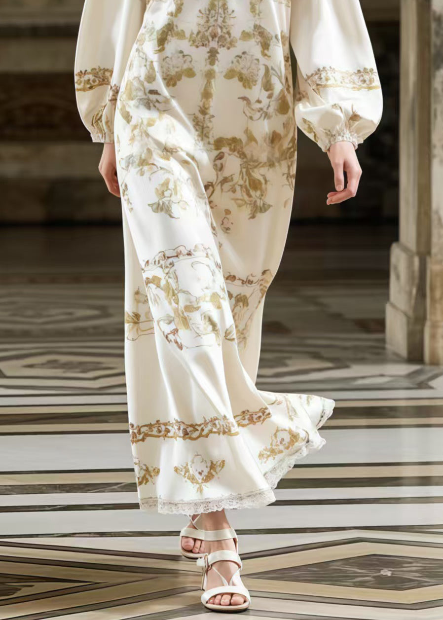 Fitted White V Neck Print Silk Ankle Dress Spring