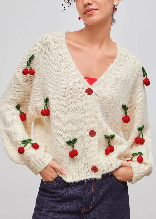 Fitted White V Neck Strawberry Knit Cardigans Fall
