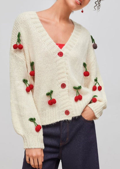 Fitted White V Neck Strawberry Knit Cardigans Fall