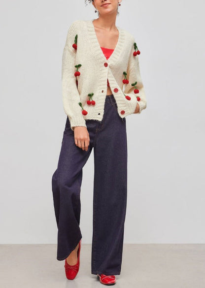 Fitted White V Neck Strawberry Knit Cardigans Fall