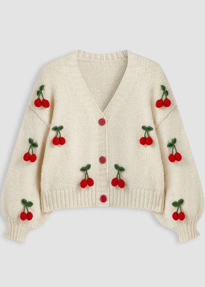 Fitted White V Neck Strawberry Knit Cardigans Fall
