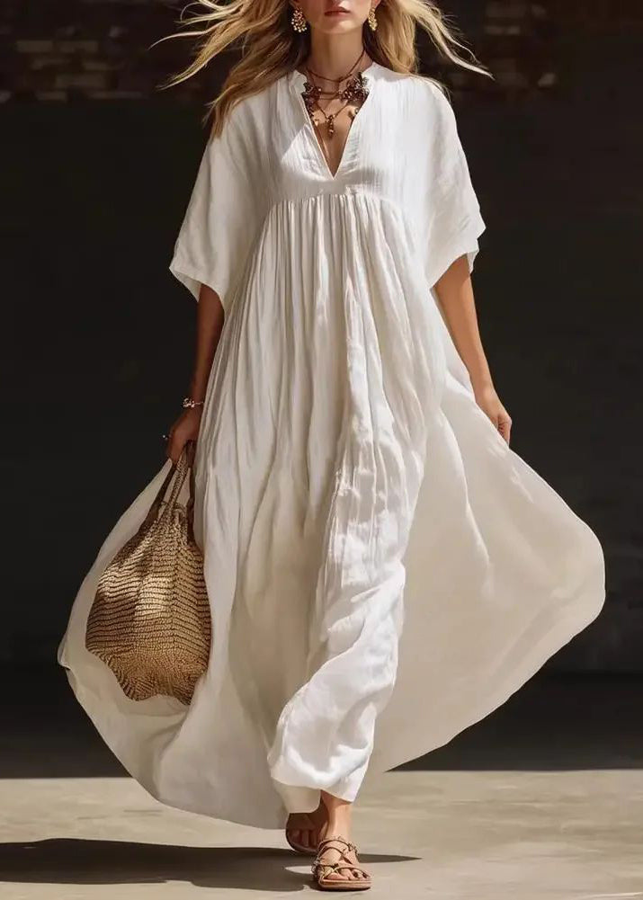 Fitted White Wrinkled Patchwork Solid Long Dress Summer