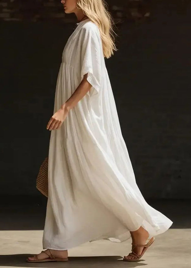 Fitted White Wrinkled Patchwork Solid Long Dress Summer