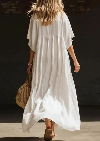 Fitted White Wrinkled Patchwork Solid Long Dress Summer