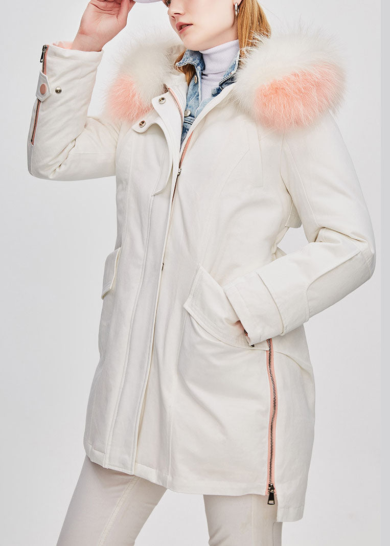 Fitted White hooded Fur collar low high design Winter Duck Down Coat