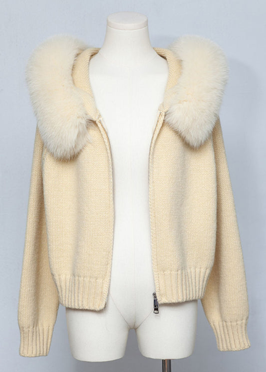Fitted Yellow Fox Collar Zippered Patchwork Knit Coats Spring