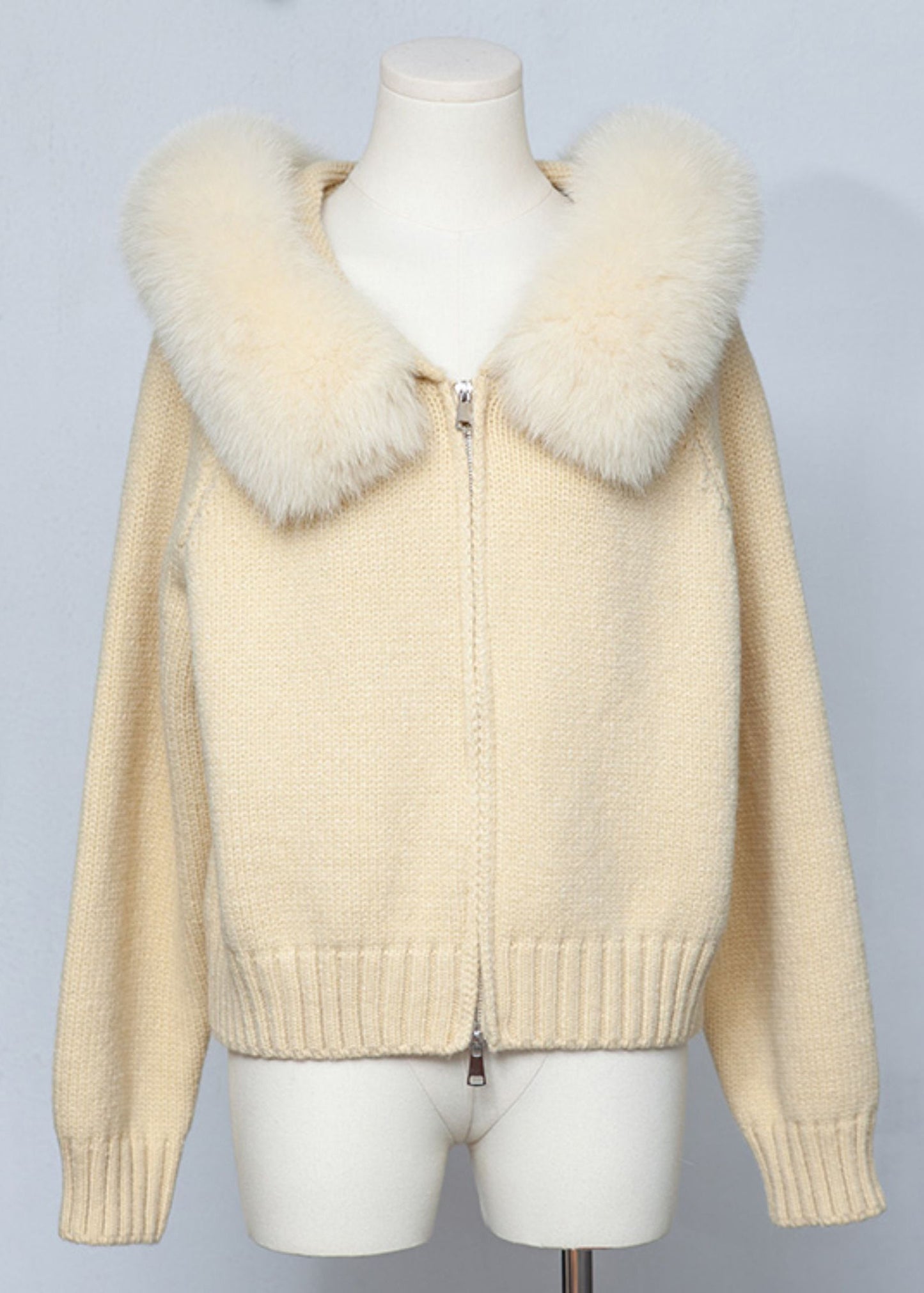 Fitted Yellow Fox Collar Zippered Patchwork Knit Coats Spring
