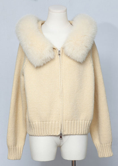 Fitted Yellow Fox Collar Zippered Patchwork Knit Coats Spring