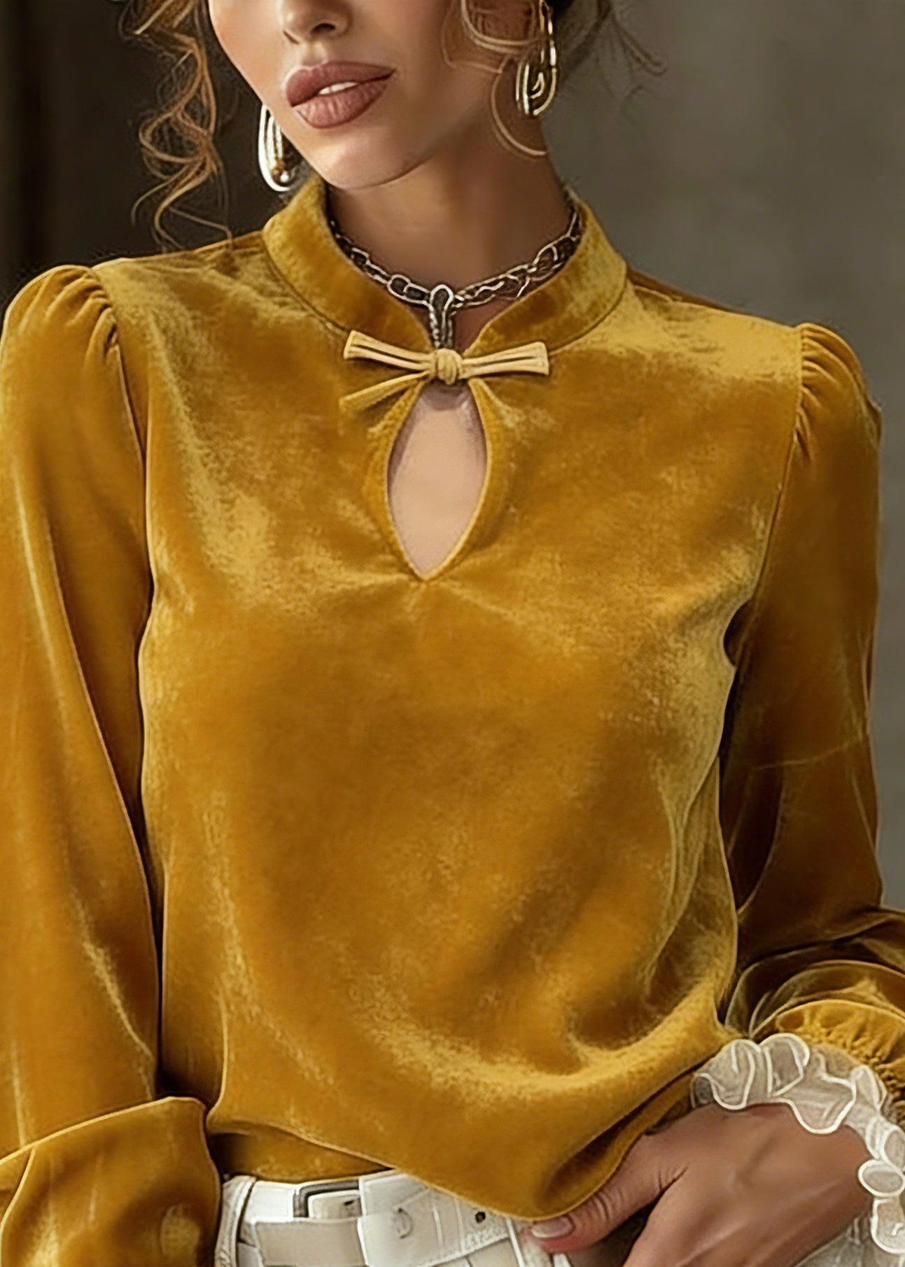 Fitted Yellow Hollow Out Silk Velour Shirts Spring