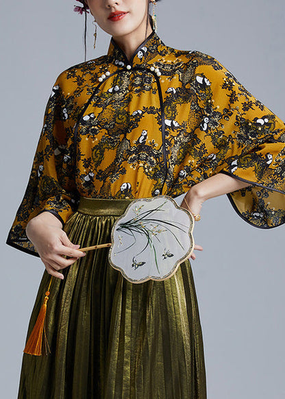 Fitted Yellow Mandarin Collar Print Silk Shirt Tops Bracelet Sleeve
