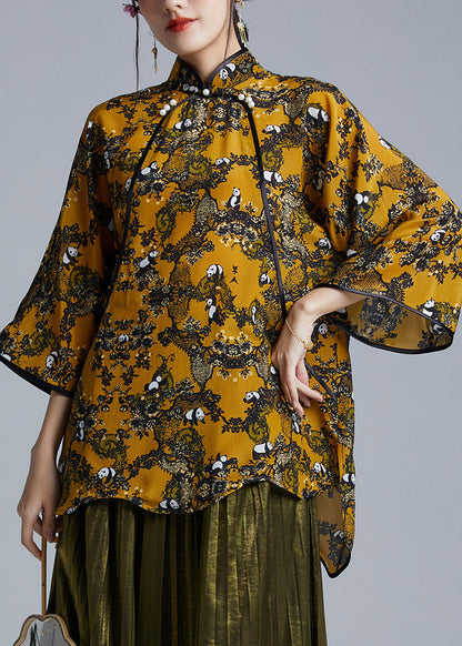 Fitted Yellow Mandarin Collar Print Silk Shirt Tops Bracelet Sleeve