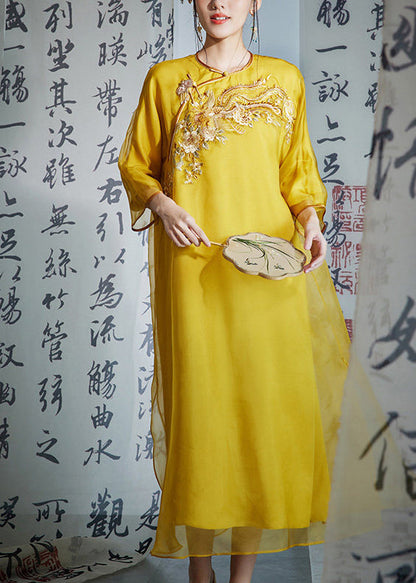 Fitted Yellow O-Neck Embroidered Silk Long Dress Summer