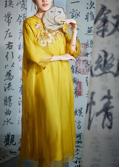 Fitted Yellow O-Neck Embroidered Silk Long Dress Summer