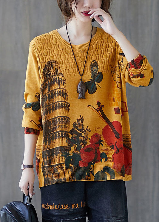 Fitted Yellow O-Neck Loose Print Fall Casual Knit Sweaters