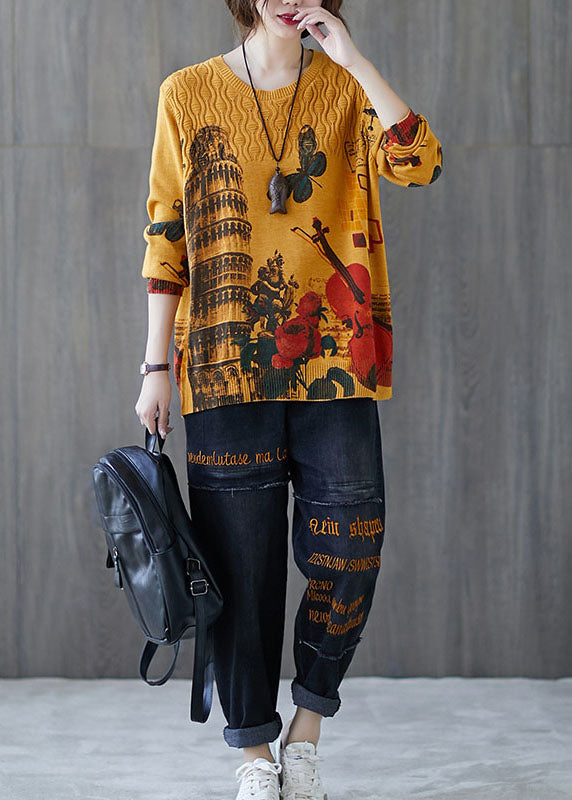 Fitted Yellow O-Neck Loose Print Fall Casual Knit Sweaters