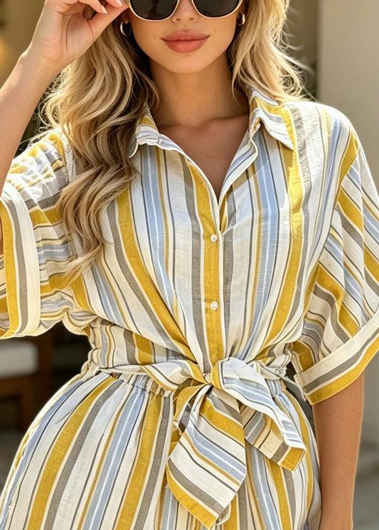 Fitted Yellow Oversized Striped Cotton Two Pieces Set Summer