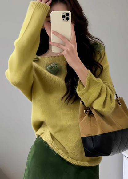Fitted Yellow Slash Neck Floral Decorated Knit Pullover Spring