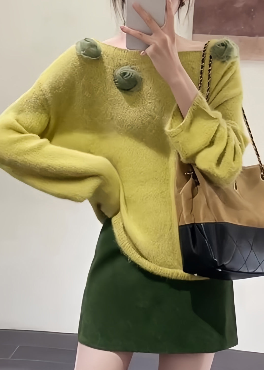 Fitted Yellow Slash Neck Floral Decorated Knit Pullover Spring