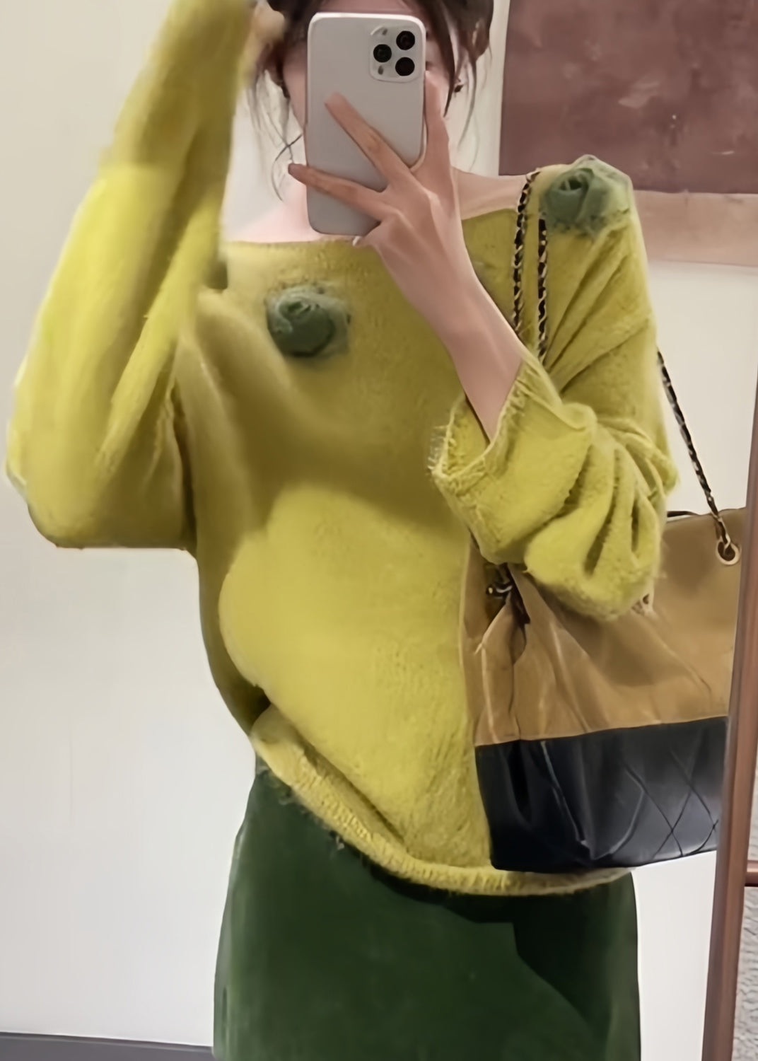 Fitted Yellow Slash Neck Floral Decorated Knit Pullover Spring