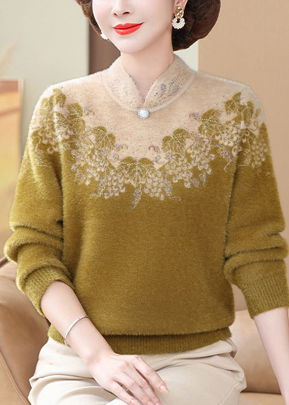 Fitted Yellow Stand Collar Cozy Thick Mink Hair Knitted Sweaters Fall