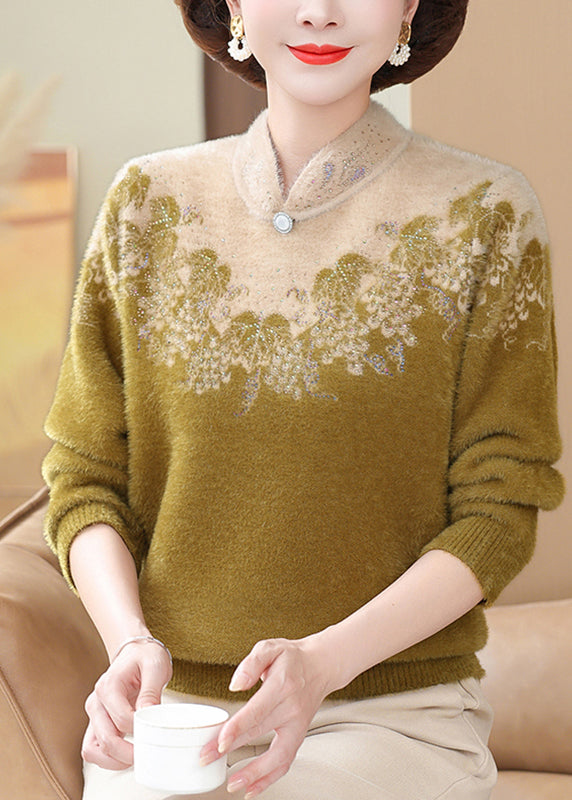 Fitted Yellow Stand Collar Cozy Thick Mink Hair Knitted Sweaters Fall