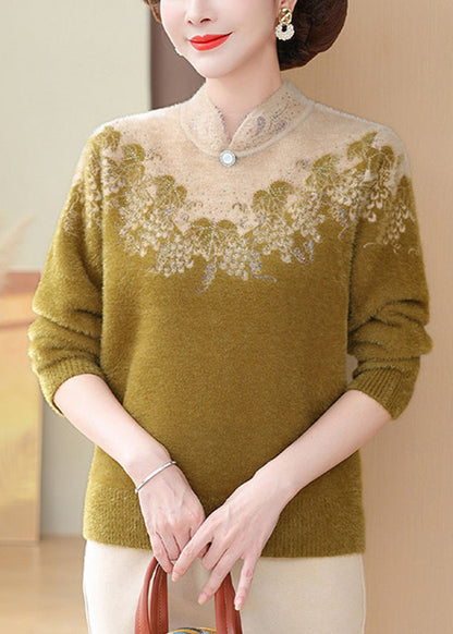 Fitted Yellow Stand Collar Cozy Thick Mink Hair Knitted Sweaters Fall