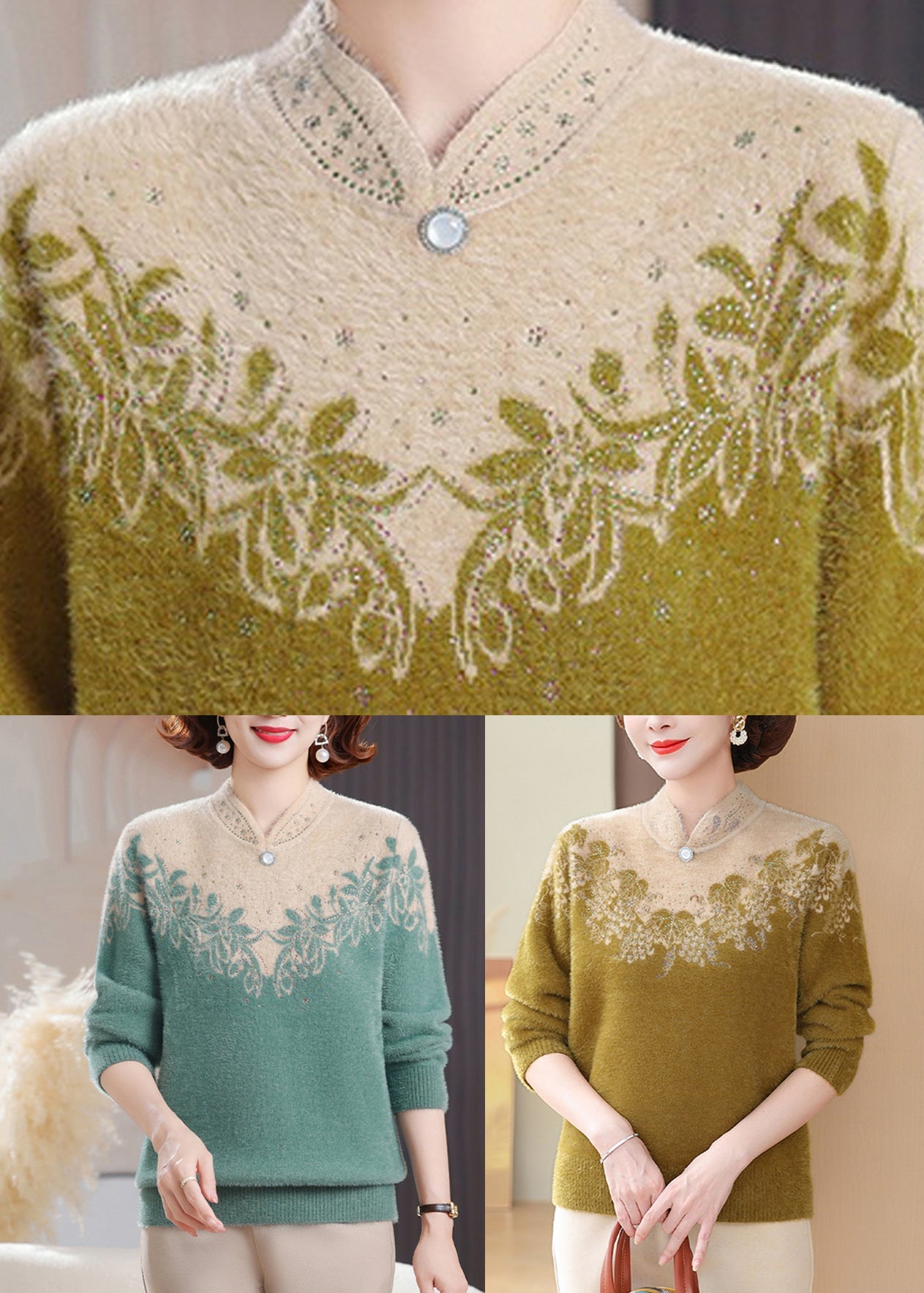 Fitted Yellow Stand Collar Cozy Thick Mink Hair Knitted Sweaters Fall