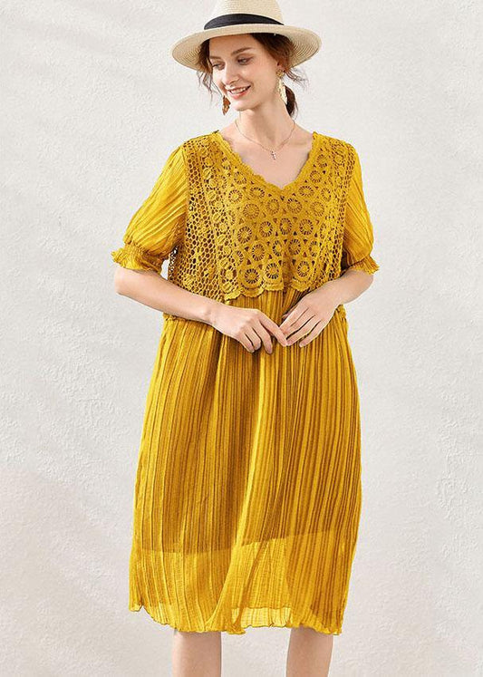 Fitted Yellow V Neck Hollow Out Spring Maxi Dress Short Sleeve - SooLinen