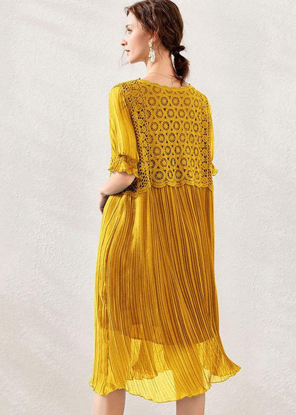 Fitted Yellow V Neck Hollow Out Spring Maxi Dress Short Sleeve - SooLinen