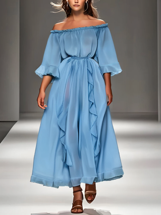 Grace Blue Slash Neck Ruffled Tunic Chiffon Long Dress Half Sleeve