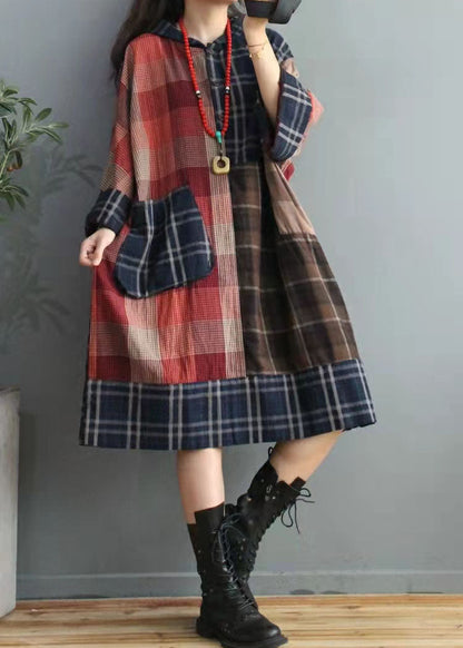 Fitted Colorblock Plaid asymmetrical design Cotton Linen Holiday Dress Summer