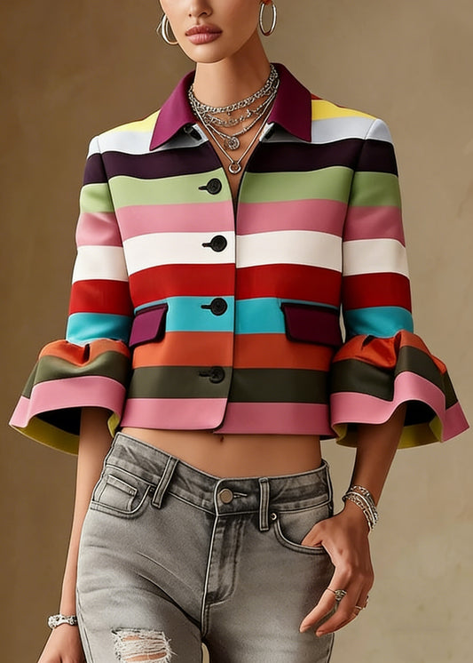 Flared Sleeves Multi-Colored Striped Lapel Jackets Outerwear