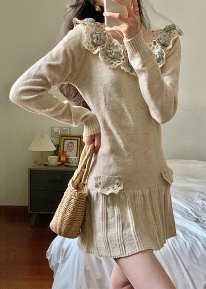 Floral Apricot Hollow Out Patchwork Knit Mid Dress Winter