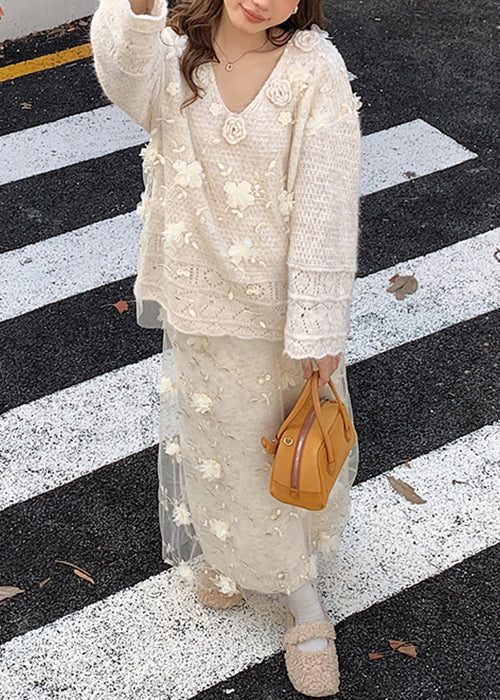 Floral Beige Hollow Out Sweaters And Skirts Patchwork Knit Two Piece Set Spring