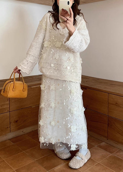 Floral Beige Hollow Out Sweaters And Skirts Patchwork Knit Two Piece Set Spring