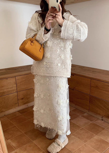 Floral Beige Hollow Out Sweaters And Skirts Patchwork Knit Two Piece Set Spring