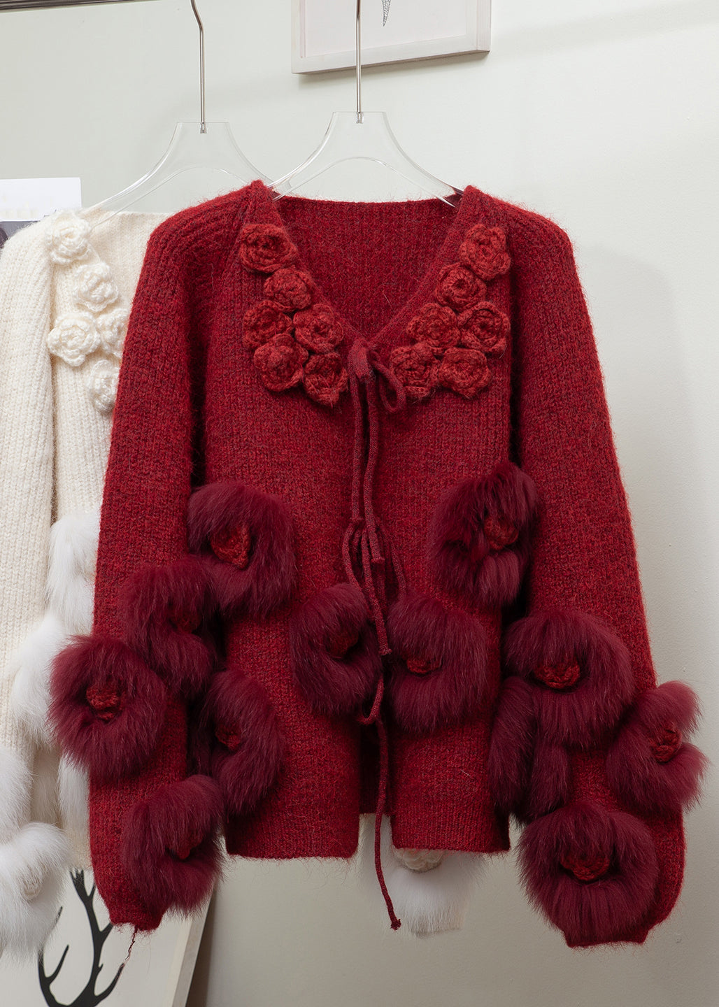 Floral Beige Lace Up Fox Fur Patchwork Knit Coats Winter