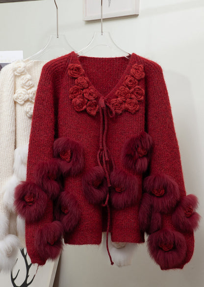 Floral Beige Lace Up Fox Fur Patchwork Knit Coats Winter