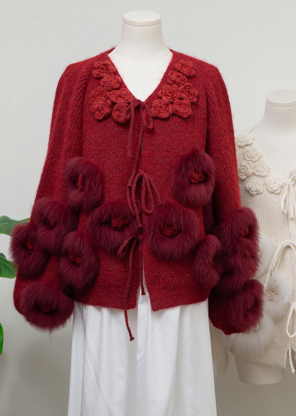 Floral Beige Lace Up Fox Fur Patchwork Knit Coats Winter