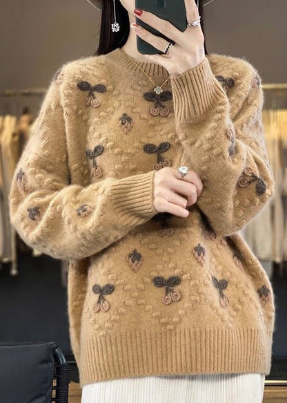 Floral Beige O Neck Cozy Cotton Knit Sweaters Long Sleeve