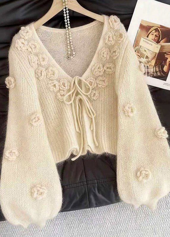 Floral Beige V Neck Lace Up Cozy Knit Cardigan