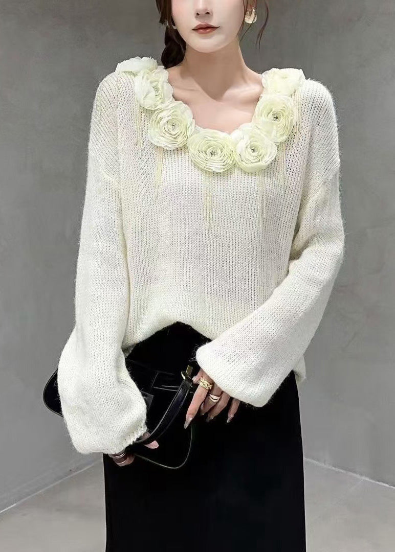 Floral Beige V Neck Nail Bead Cozy Knit Sweater
