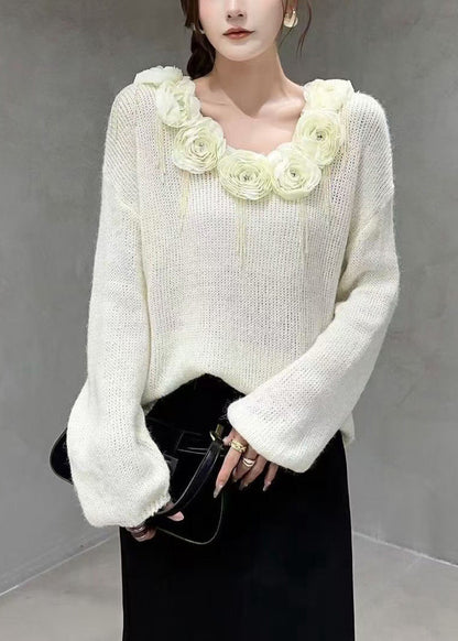 Floral Beige V Neck Nail Bead Cozy Knit Sweater