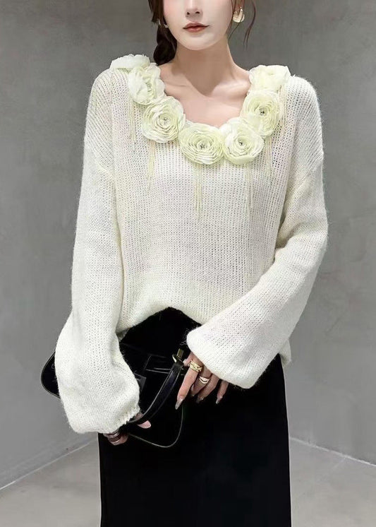 Floral Beige V Neck Nail Bead Cozy Knit Sweater