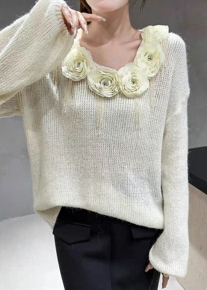 Floral Beige V Neck Nail Bead Cozy Knit Sweater