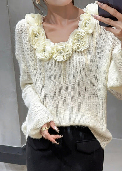 Floral Beige V Neck Nail Bead Cozy Knit Sweater