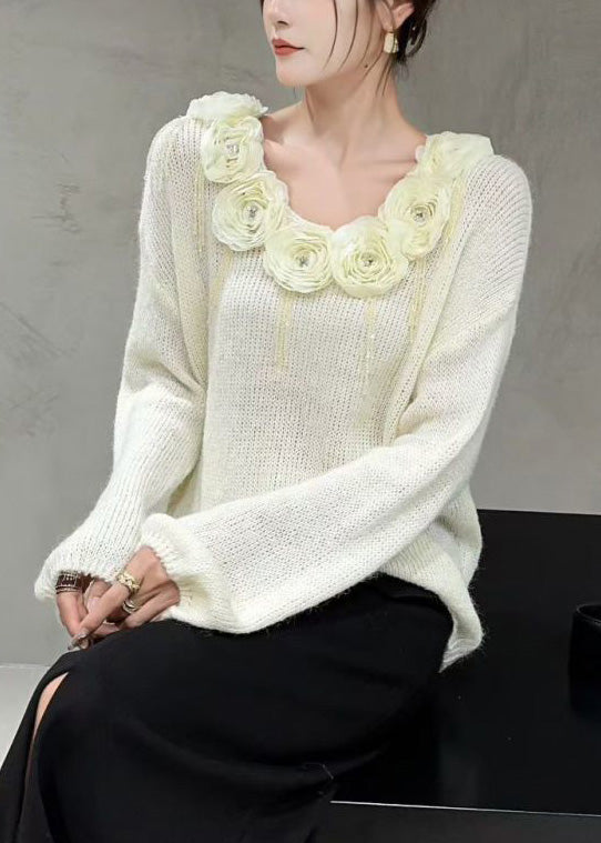 Floral Beige V Neck Nail Bead Cozy Knit Sweater